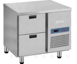 Bàn mát công nghiệp bằng inox với 2 ngăn kéo chứa thực phẩm, mặt bàn phẳng để sơ chế.