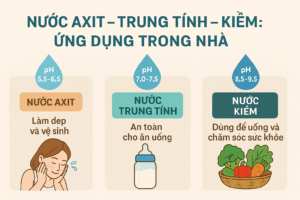 Infographic mô tả ba loại nước: nước axit, nước trung tính và nước kiềm – kèm độ pH và ứng dụng trong sinh hoạt như làm đẹp, nấu ăn, chăm sóc sức khỏe.